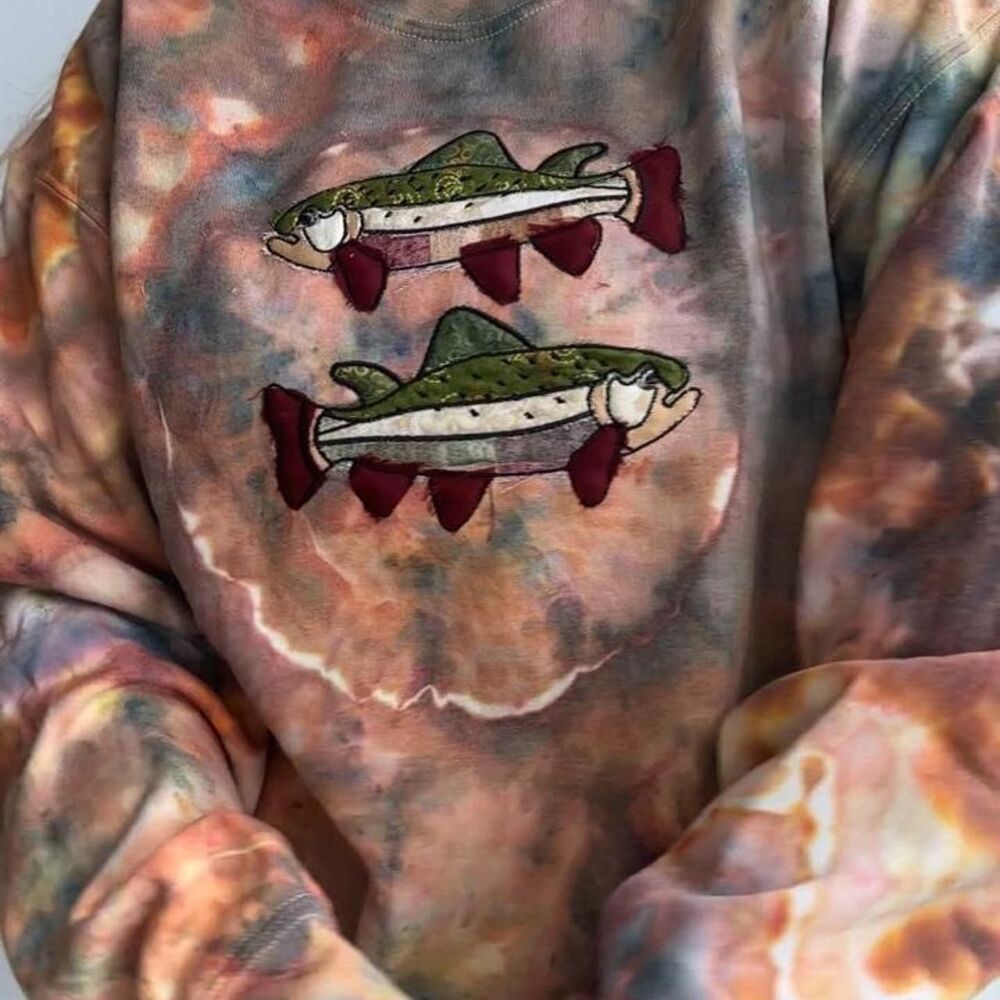 NWT Hand-Dyed Patchwork Fish Embroidered Crewneck Fleece Sweatshirt